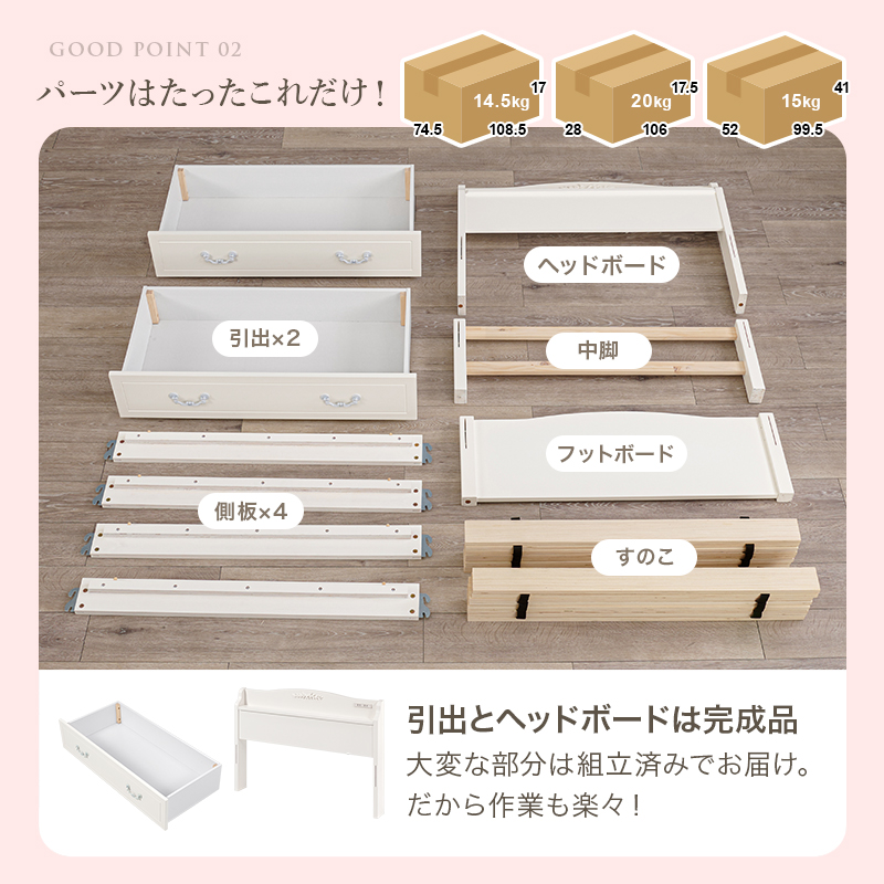 パーツは、たったこれだけ！ 引き出しとヘッドボードは完成品。大変な部分は組立済みでお届け。だから作業も楽々！