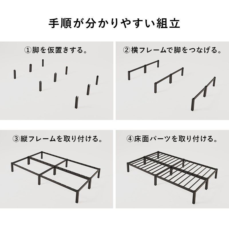 【手順が分かりやすい組立】(1)脚を仮置きする。(2)横フレームで脚をつなげる。(3)縦フレームを取り付ける。(4)床面パーツを取り付ける。