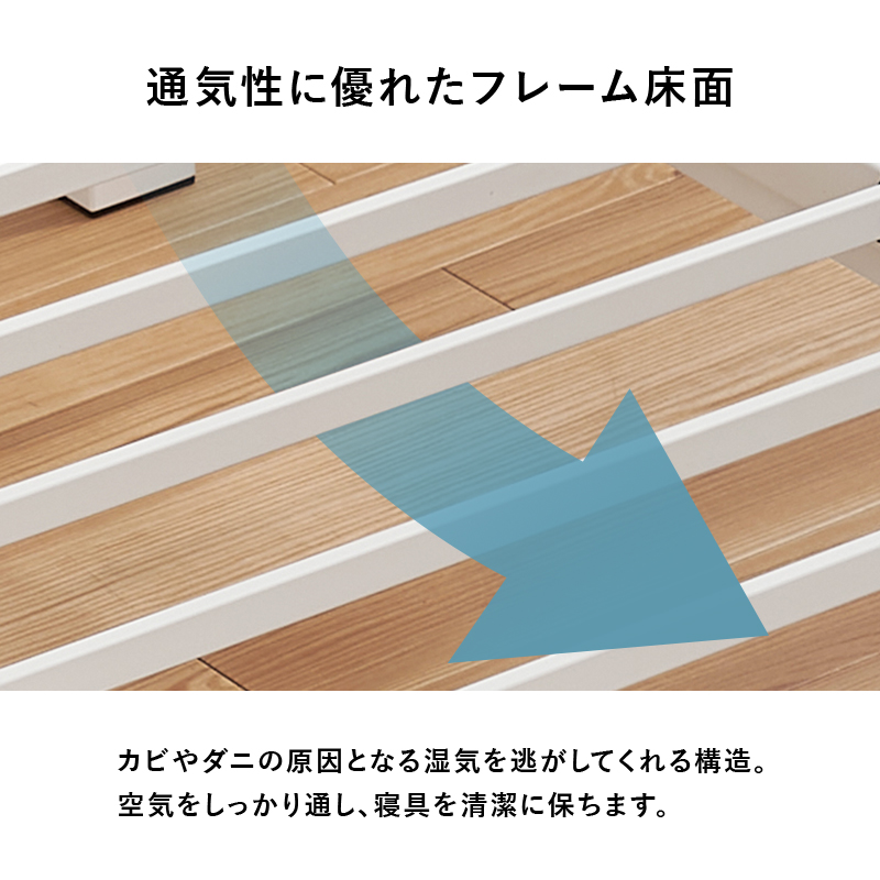 【通気性に優れたフレーム床面】カビやダニの原因となる湿気を逃がしてくれる構造。空気をすっかり通し、寝具を清潔に保ちます。