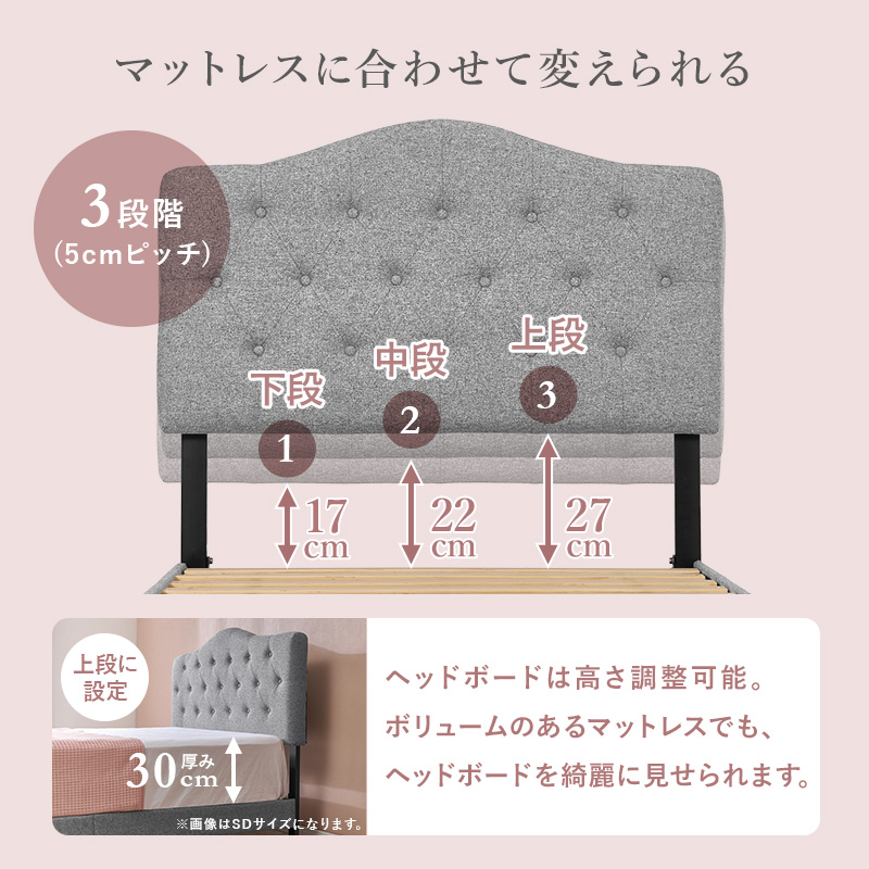 【マットレスに合わせて変えられる 3段階(5cmピッチ)】ヘッドボードは高さ調整可能。ボリュームのあるマットレスでも、ヘッドボードを綺麗に見せられます。