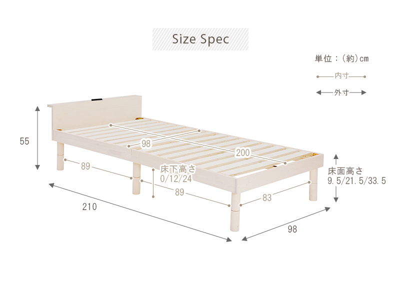 【木製すのこベッド】フレームの部位別寸法表 梱包サイズ表