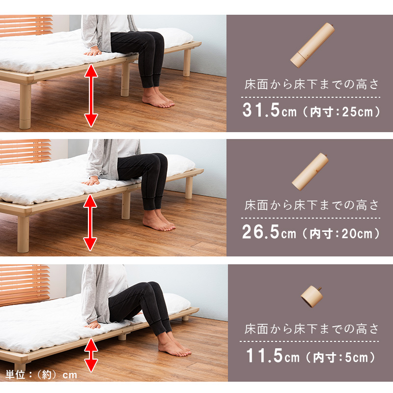 床面から床下までの高さは、31.5cm、26.5cm、11.5cmに調整できます。