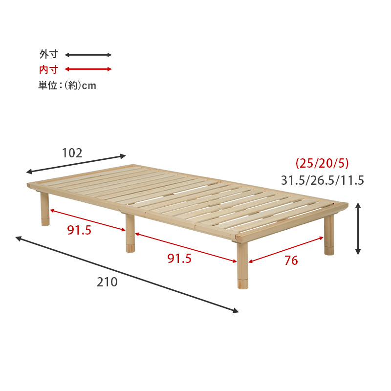 【敷布団に最適なロングサイズ すのこベッド】フレームの部位別寸法表 梱包サイズ表