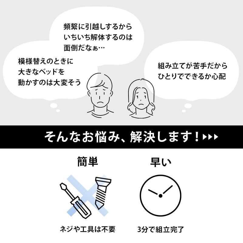 こんなお悩みありませんか? 「ひとりでの組み立てと解体が難しい」「いつも組み立てに一苦労・・・」「ベッド移動が大変...ラクに移動させたい」→ そんなお悩みを解決 →「簡単、工具不要」「早い、3分で組立完了」「コンパクト、引っ越しラクラク!」
