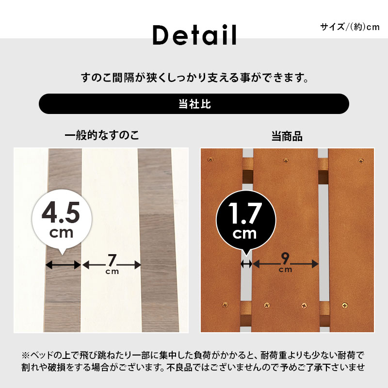 【すのこ間隔が狭く、しっかり支える事ができます。】一般的なすのこでは「4.5cm」、当商品は「1.7cm」で仕上がっています。
