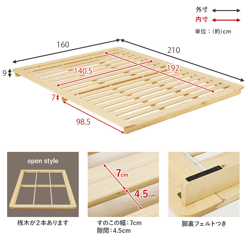 【ステージベッド 天然木すのこベッド】フレームの部位別寸法表