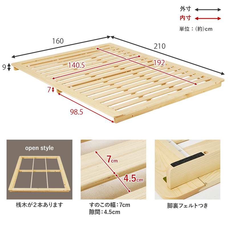 【ステージベッド 天然木すのこベッド】フレームの部位別寸法表