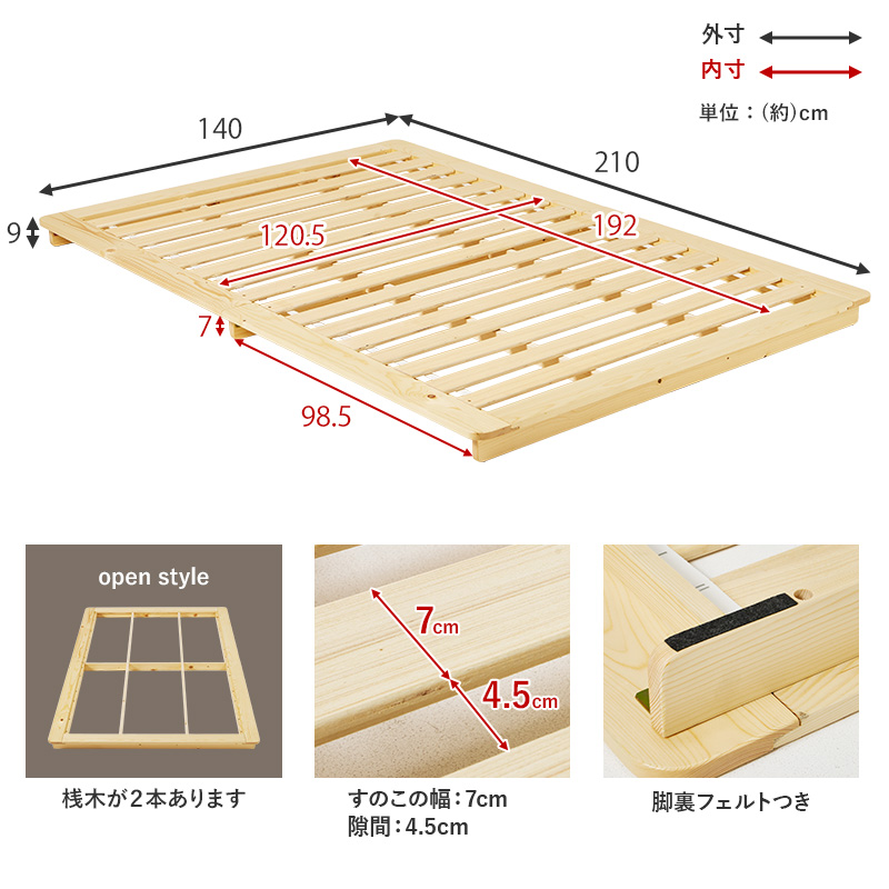 【ステージベッド 天然木すのこベッド】フレームの部位別寸法表