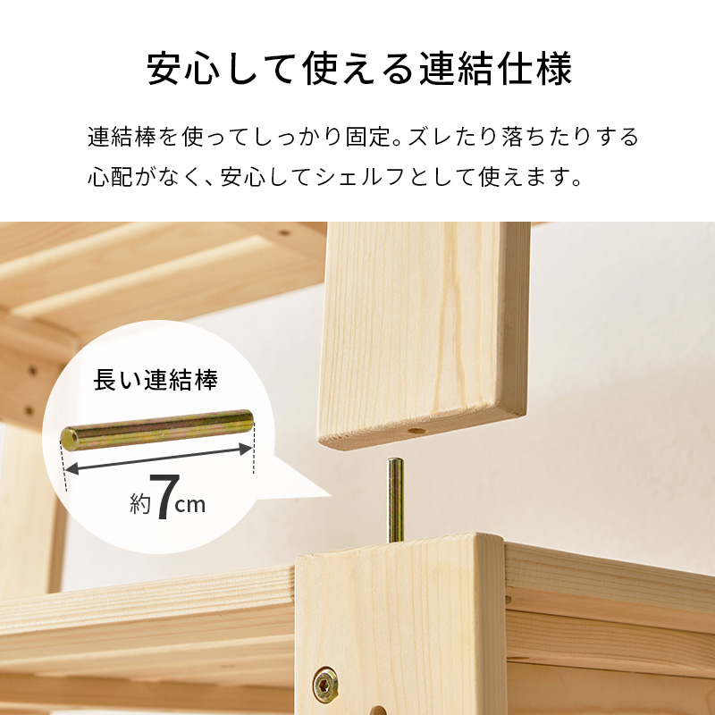 【安心してしっかり固定】連結棒を使ってしっかり固定。ズレ落ちたりする心配がなく、安心してシェルフとして使えます。