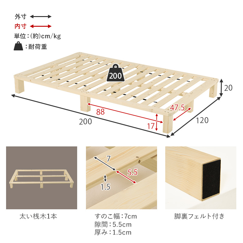 【ノンホルマリン 天然木 無垢材 すのこベッド】フレームの部位別寸法表 梱包サイズ表