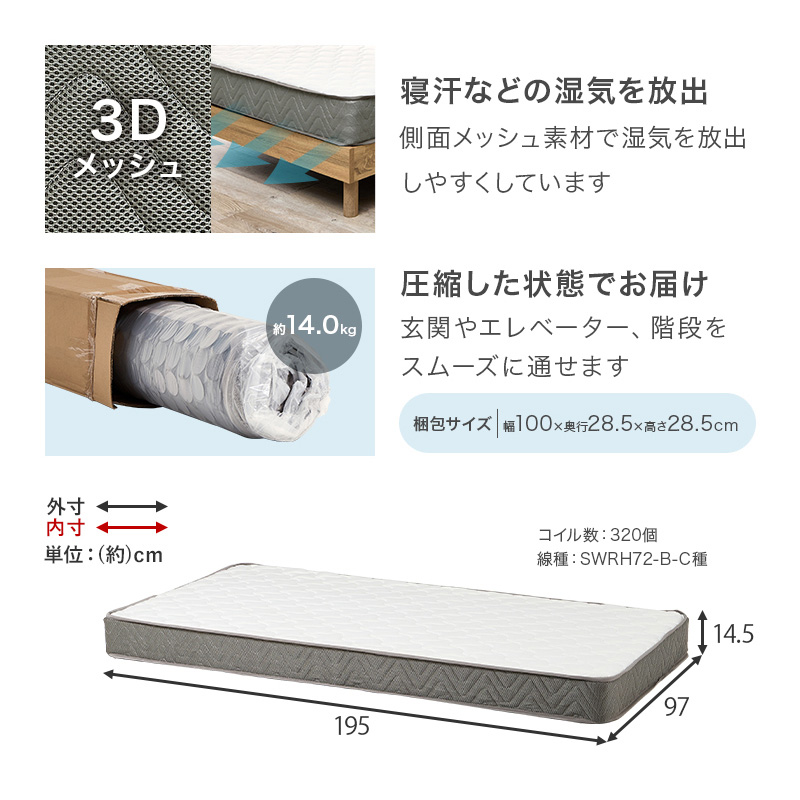 【ボンネルコイルマットレス】＜寝汗などの湿気を放出＞＜圧縮した状態でお届け＞マットレス部位別寸法表