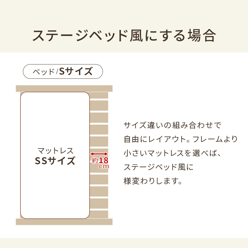 【ステージベッド風にする場合】サイズ違いの組み合わせで、自由にレイアウト。フレームより小さいマットレスを選べば、ステージベッド風に様変わりします。