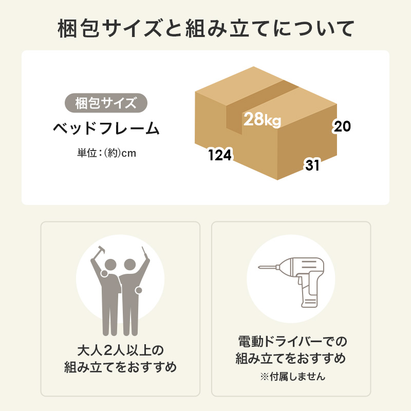 【高さ3段階調整 天然木パイン材 すのこベッド】フレームの部位別寸法表 梱包サイズ表