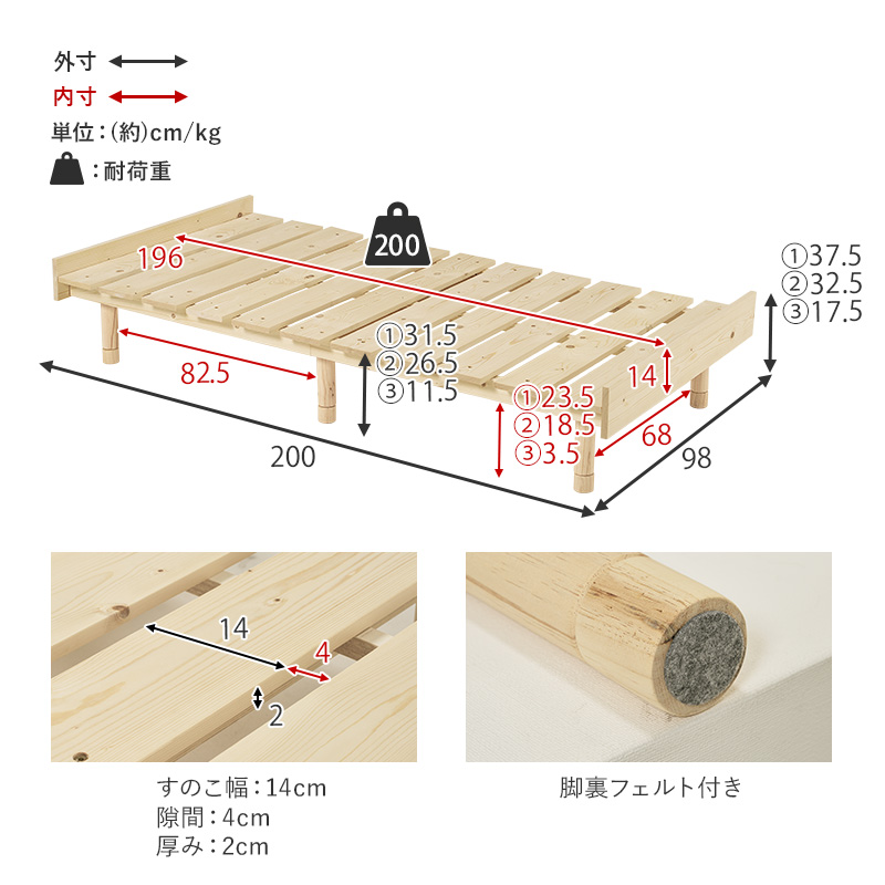 【高さ3段階調整 天然木パイン材 すのこベッド】フレームの部位別寸法表 梱包サイズ表
