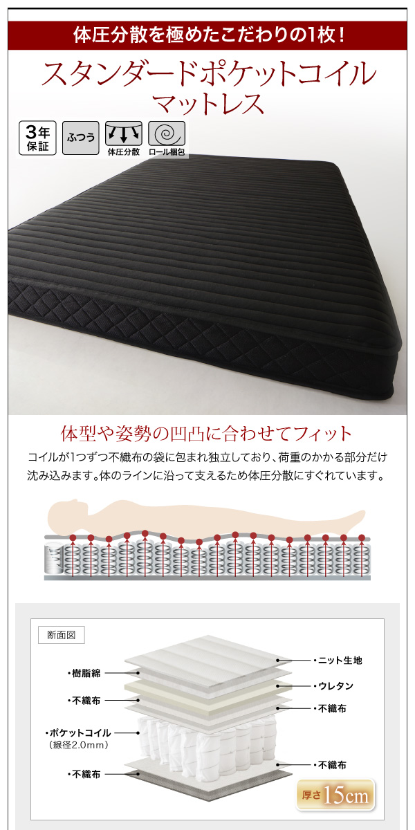 スタンダードポケットコイルマットレス「3年保証、かたさ：ふつう、体圧分散、ロール梱包