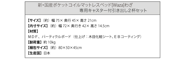 【WAZA ワザ】専用キャスター付き引き出し２杯セット　製品サイズ、梱包サイズ