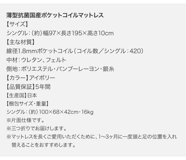 【ウェンタス】薄型抗菌国産ポケットコイルマットレス 寸法表 梱包サイズ表